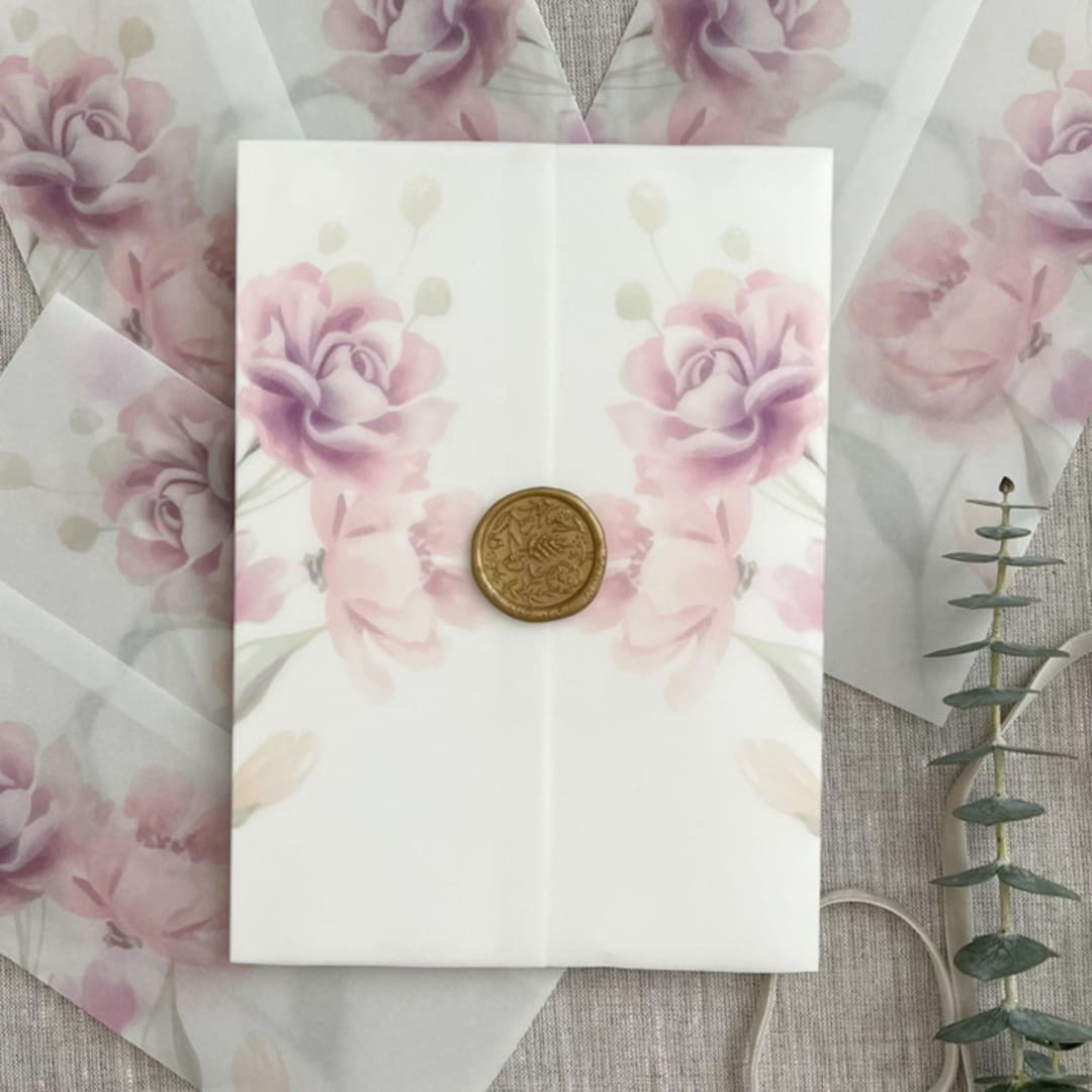 Pink roses vellum wrap for invitations | Set of 10