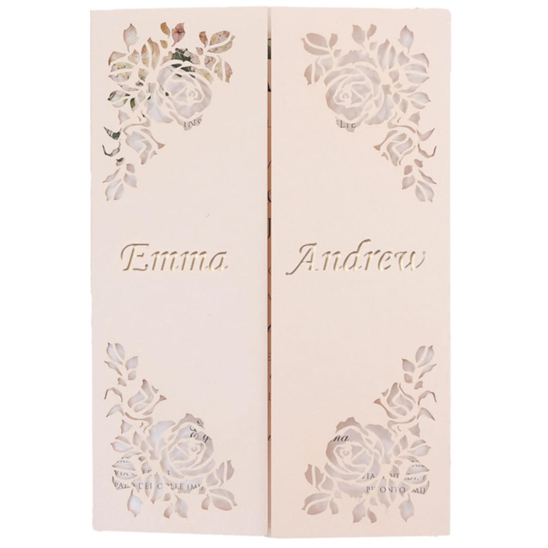 NEW!!! Personalized Names Gatefold with Intricate Laser Cut Roses for 5x7 Card | Set of 10 | Envelopes Included