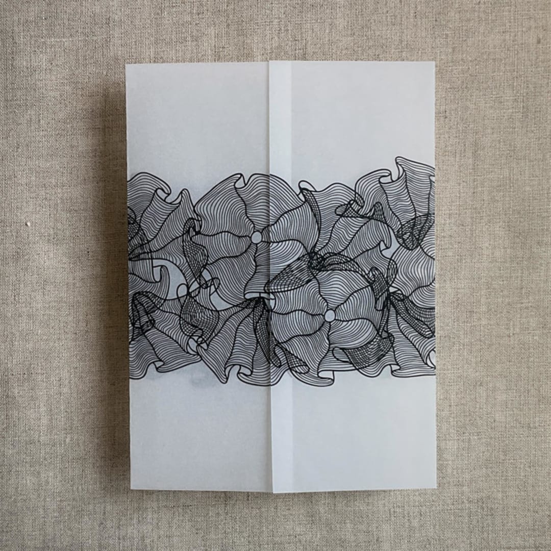 "Black Ruffled floral lace ribbon printed vellum wrap for 5x7 card | pack of 10" - Invitation Jackets and Overlays in black by Ivory Invitations