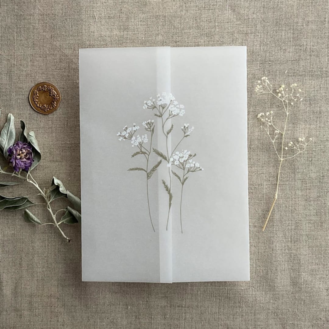 "White finch wild flower branch printed vellum wrap for 5x7 card | pack of 10" - Invitation Jackets and Overlays in white by Ivory Invitations
