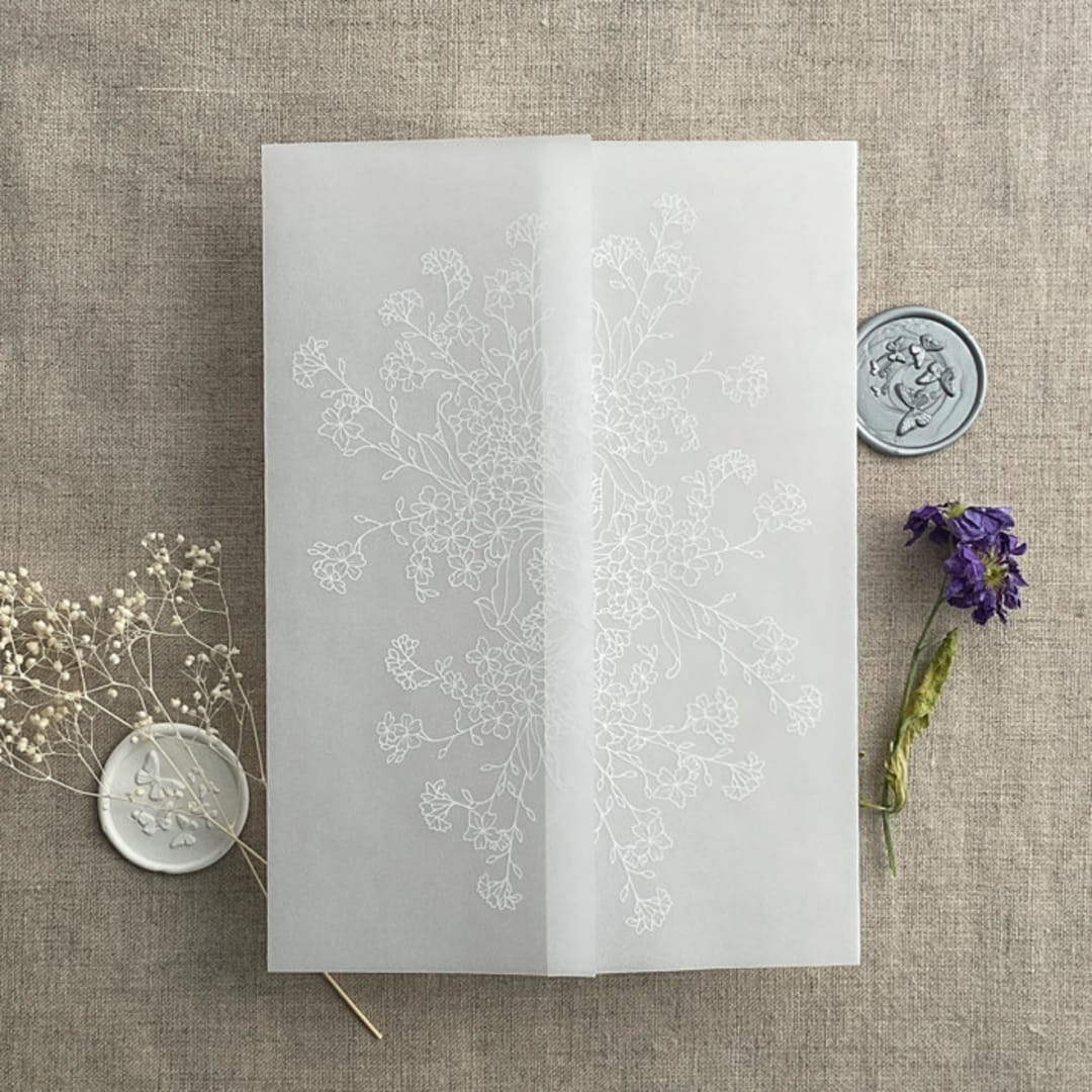 "White ink print Little wildflowers cluster printed vellum wrap for 5x7 card  | pack of 10" - Invitation Jackets and Overlays in white by Ivory Invitations