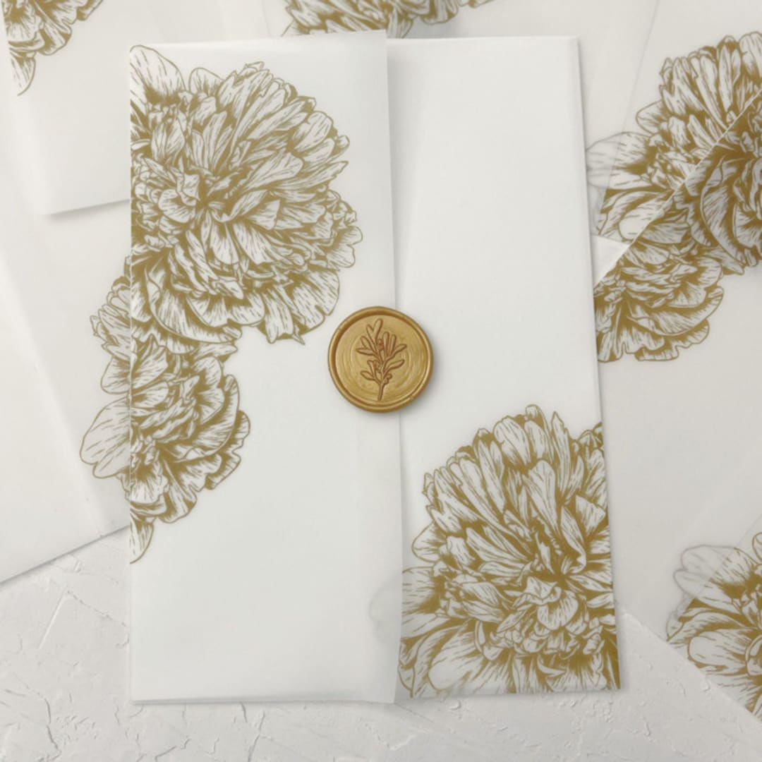 "Faux gold peony vellum wraps for 5x7 invitations | Set of 10" - Invitation Jackets and Overlays in gold by Maria Ferrer G.