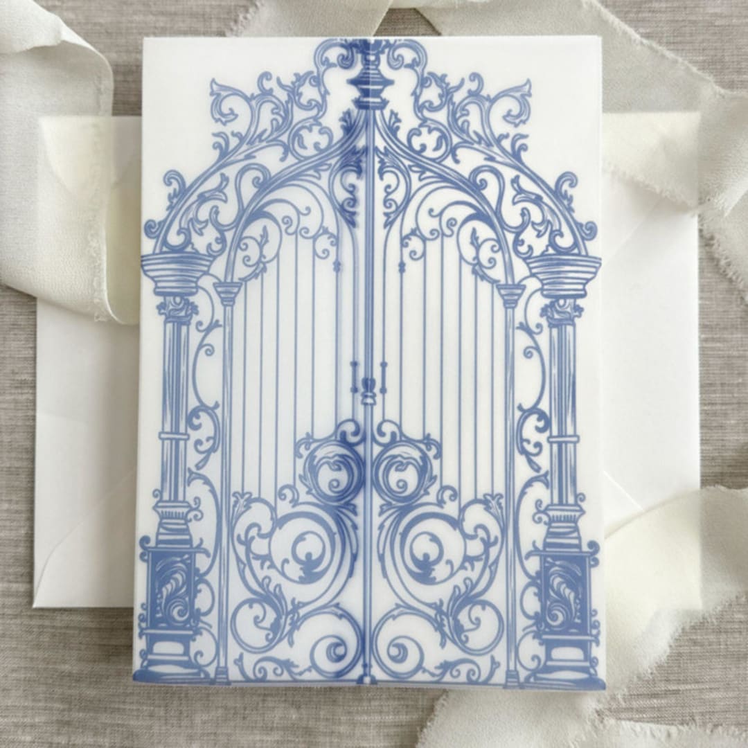 "Blue ornamental gate vellum jacket for invitations | Set of 10" - Invitation Jackets and Overlays in blue by Maria Ferrer G.