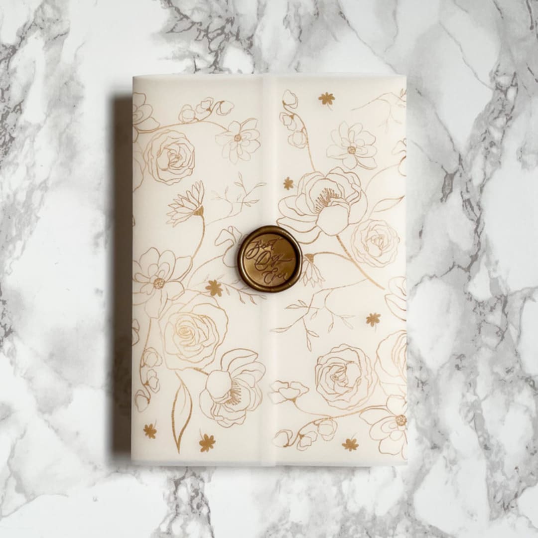 "Faux Gold Foil Floral Vellum Wrap (10 pack)" - Invitation Jackets and Overlays in clear by Carley Zuercher