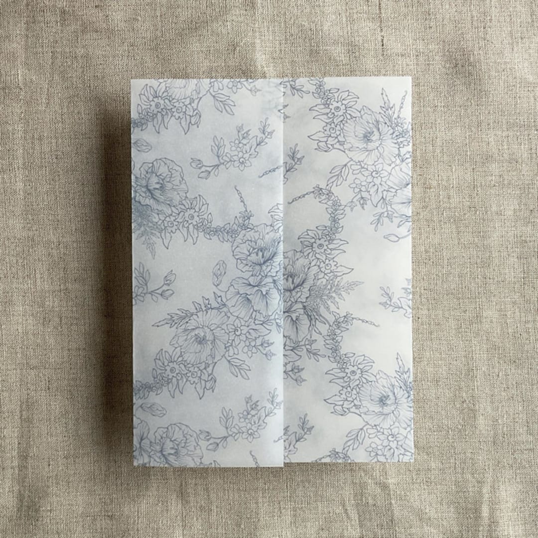 "Steel blue poppy floral toile printed vellum wrap for 5x7 card | pack of 10" - Invitation Jackets and Overlays in blue by Ivory Invitations