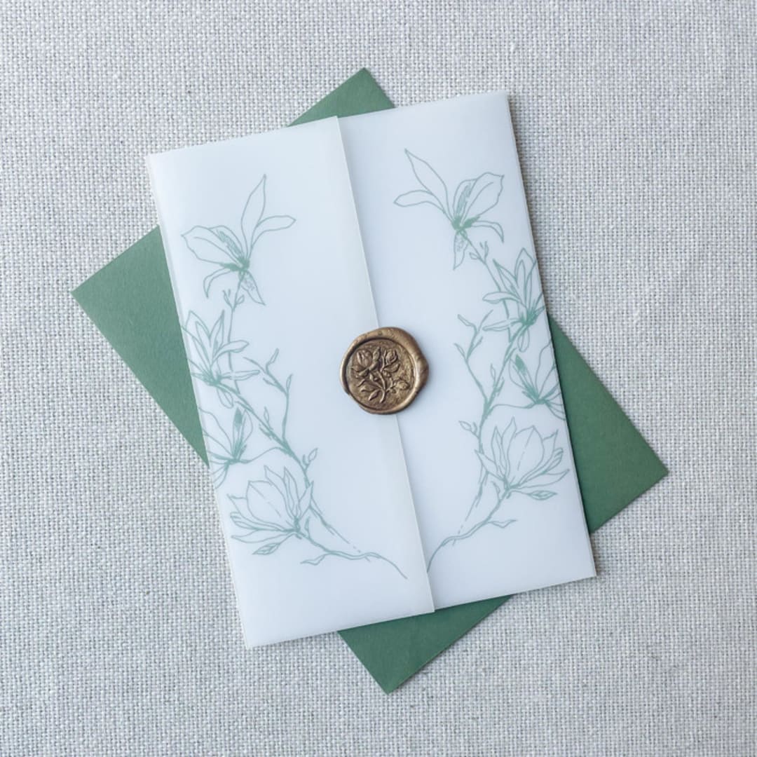 "Magnolia Branches Vellum Jackets | Set of 10 | Blue & Green Color Options" - Invitation Jackets and Overlays in multicolorassorted-colors by Megan Tendler