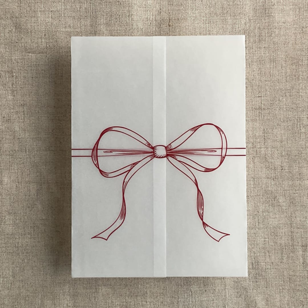 "Red ribbon bow printed vellum wrap for 5x7 card | pack of 10" - Invitation Jackets and Overlays in red by Ivory Invitations
