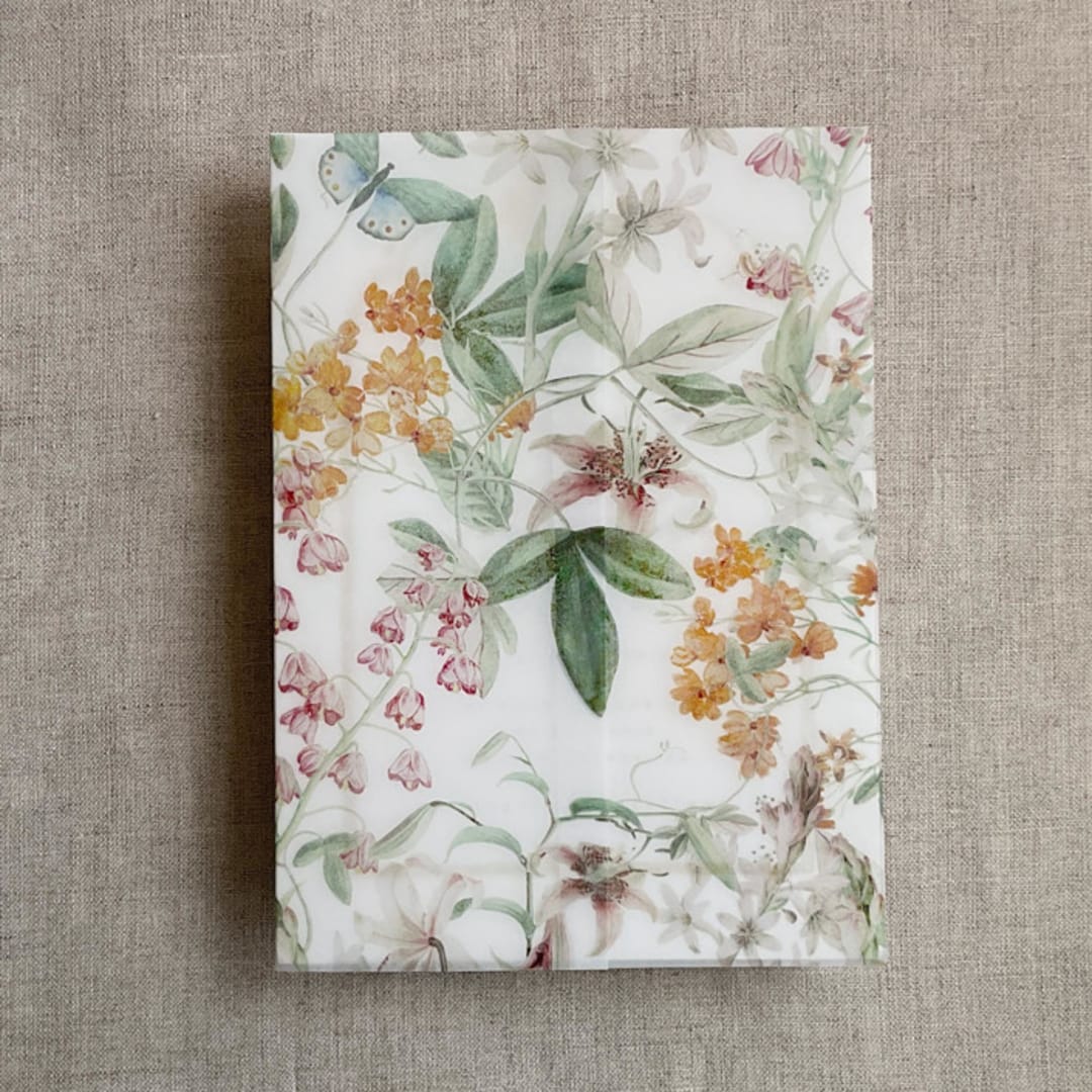 "Fresco style Sage orange buttercup floral garden printed vellum wrap for 5x7 card | pack of 10" - Invitation Jackets and Overlays in multicolorassorted-colors by Ivory Invitations