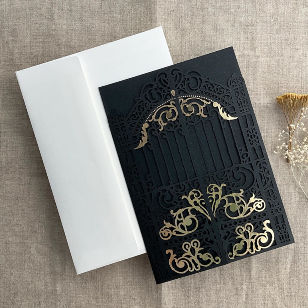 "Black Castle Gate Lasercut Jacket for 5x7 inch Invitation | Pack of 10 | Envelopes Included" - Invitation Jackets and Overlays in black by Ivory Invitations