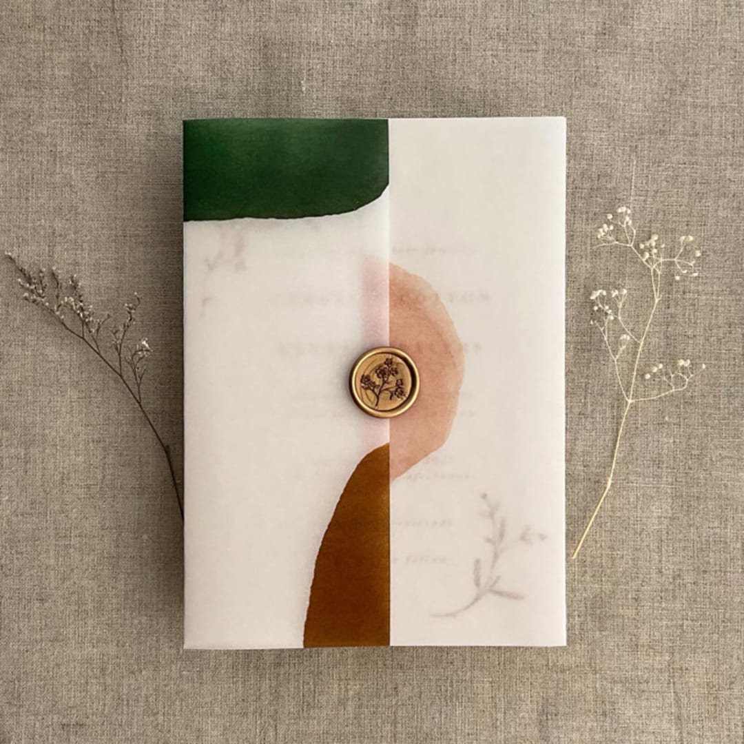"Audrey forest green blush minimalist watercolor block printed vellum wrap for 5x7 card  | pack of 10" - Invitation Jackets and Overlays in multicolorassorted-colors by Ivory Invitations