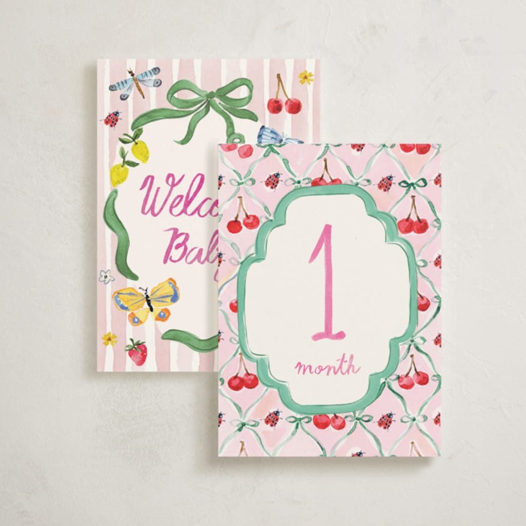 "Bows, Buds & Wonder Ahead" - Baby Milestone Cards in Multi by Pati Cascino - Front