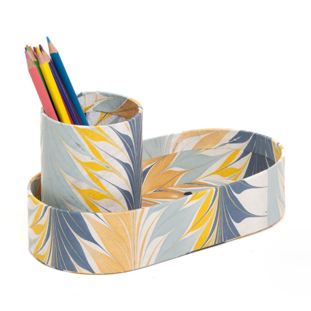 "Hand-Marbled Desk Tray & Pencil Holder Organizer in Golden Blue Marbling" - Decorative Storage in blue by Michelle Pham