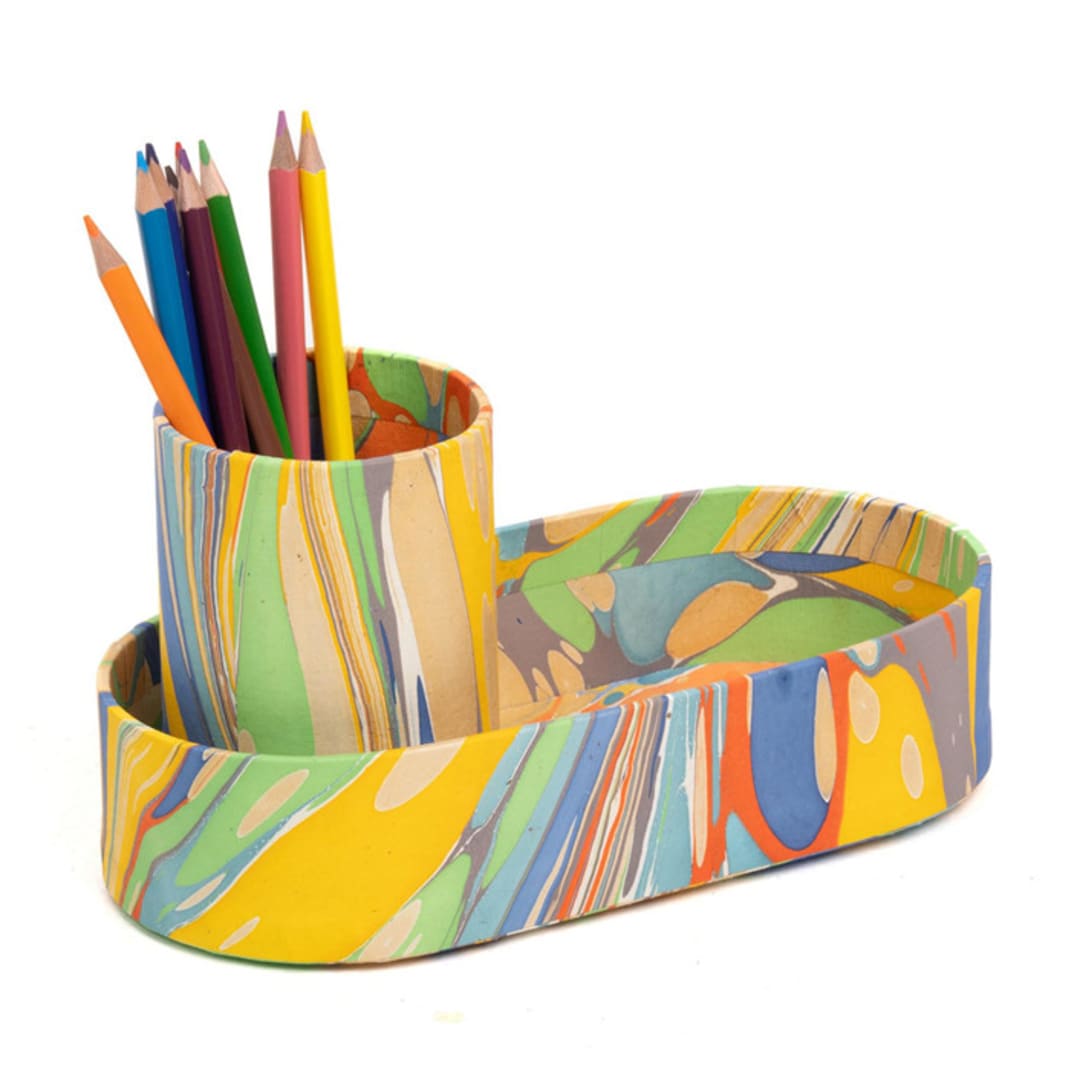 "Hand-Marbled Desk Tray & Pencil Holder Organizer in Rainbow Marbling" - Decorative Storage in yellow by Michelle Pham