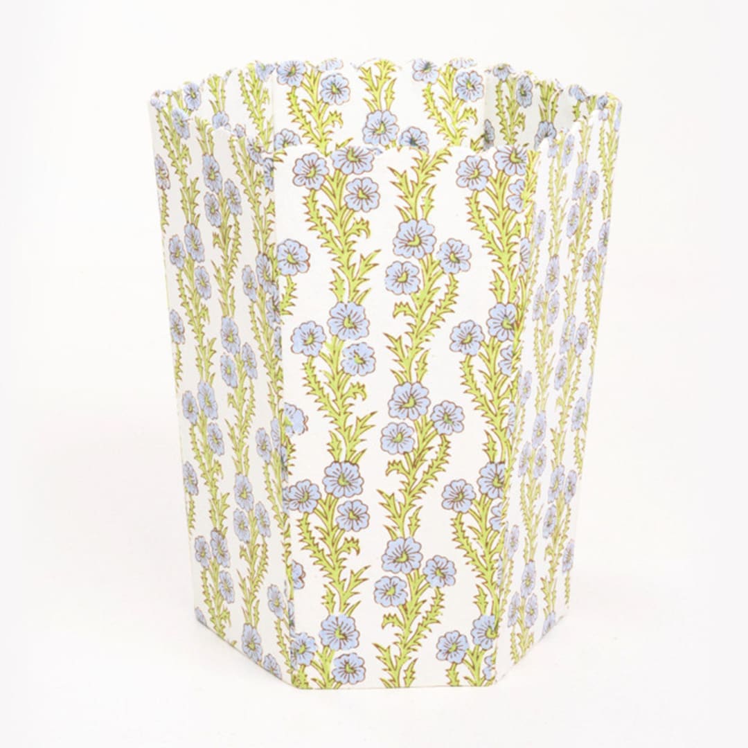"Scallop Waste Bin / Storage Bin in Forget Me Not Blockprint" - Decorative Storage in green by Michelle Pham