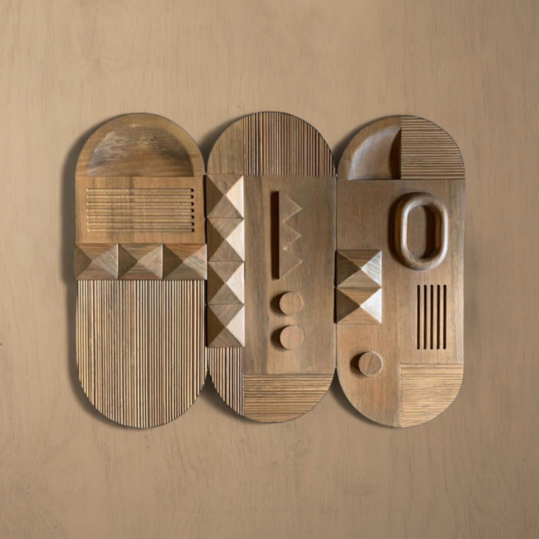 "Triptico Wooden Wall Art (Set of 3)" - Original Sculpture in brown by Meso Casa LLC