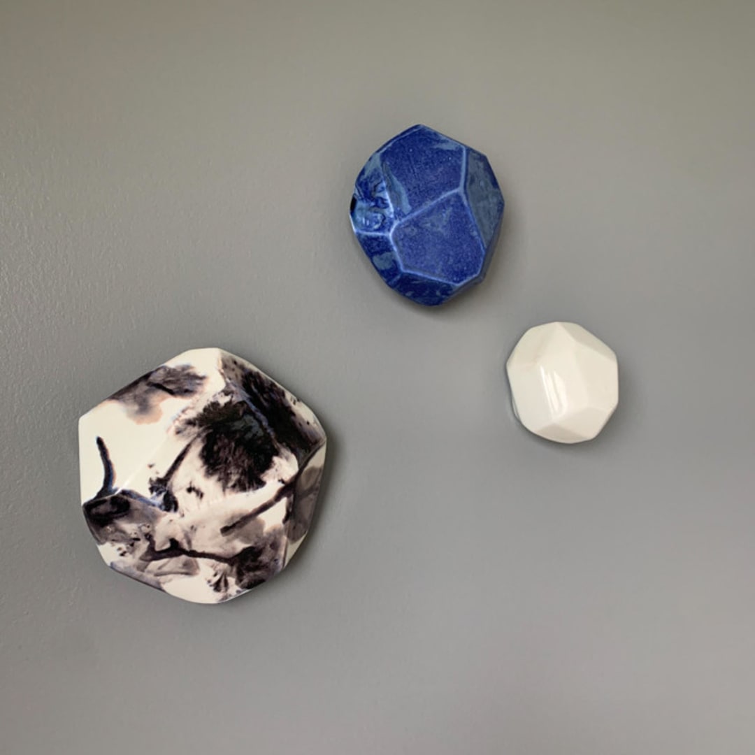 "3 Geo Wall Stones in White, Azul, and Nebula" - Original Sculpture in multicolor by Lauren Herzak Bauman