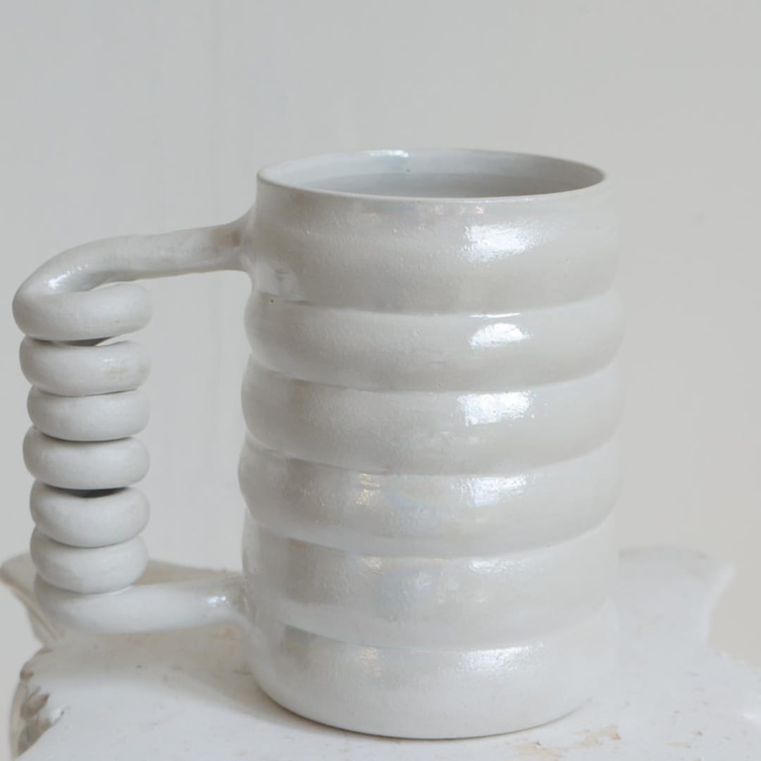 "Boinggg! Mug Metalic Pearl" - Original Sculpture in white by KuuPottery