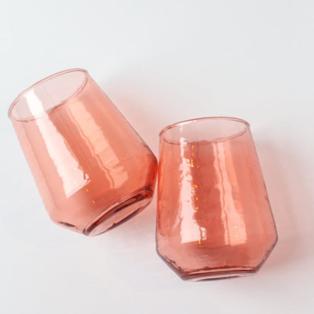 "Handblown Hammered Glass Water Tumbler - Blush - Set of 4" - Glassware in pink by Powered By People
