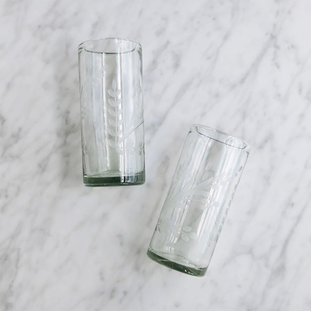Connected Goods Hand-etched Floral Recycled Glassware