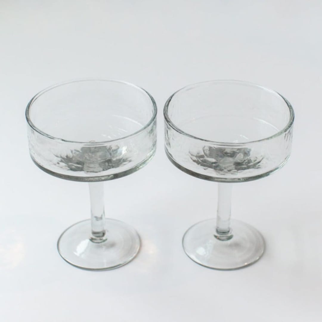 "Set of 4 Handblown Hammered Coupe Cocktail Glasses - Clear and Elegant" - Glassware in clear by Powered By People
