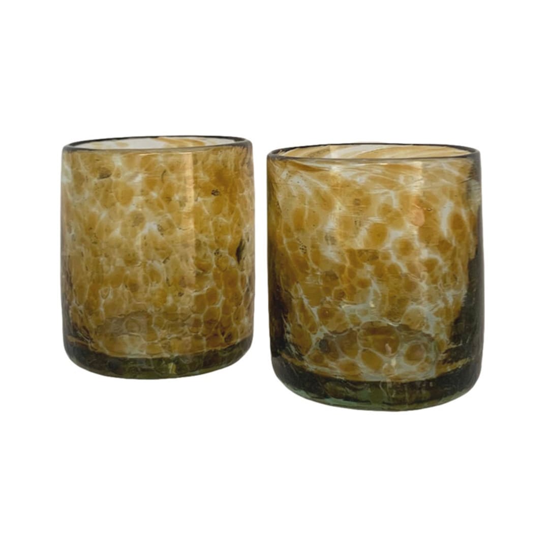 "Hand Blown Speckled Glass Tumblers in Amber - Set of 2" - Glassware in yellow by Vanessa Sherwood