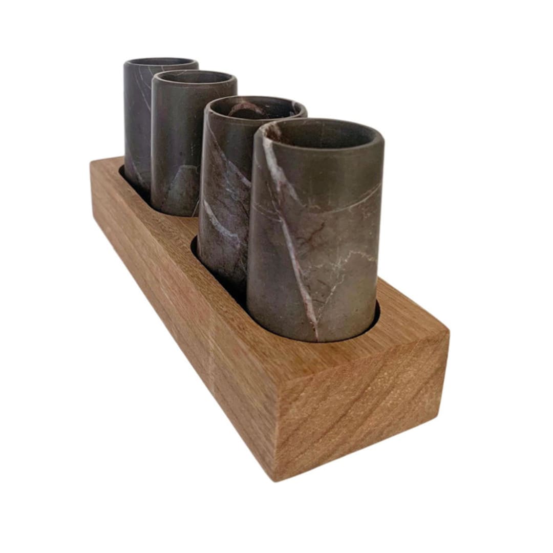 "Tequila Shot Glasses Hand Carved out of Marble with Wooden Base - Made in Mexico (Gray)" - Glassware in gray by Vanessa Sherwood