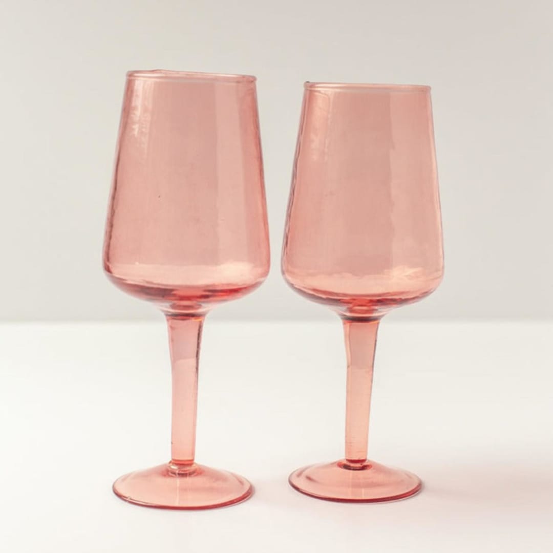 "Handblown Hammered Wine Glasses - Blush - Set of 4" - Glassware in pink by Powered By People