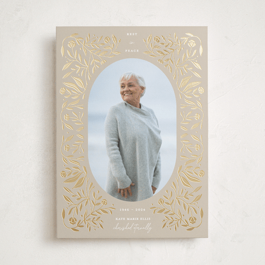 "Golden Botanical Frame" - Foil Press Memorial Cards in Biscotti by Susan Zinader - Front