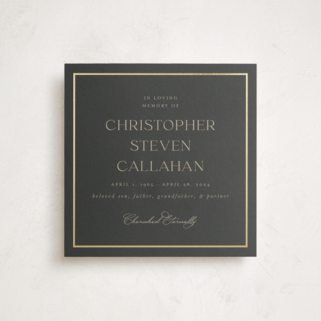"Timeless Charm" - Foil Press Memorial Cards in Charcoal by Lucrecia Caporale - Front