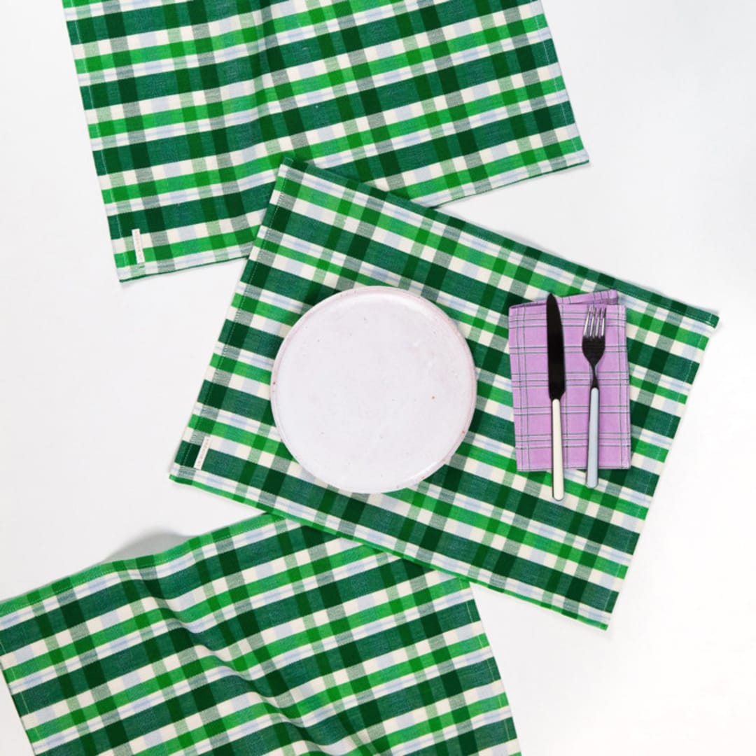 "Josefina Plaid Handwoven Cotton Placemats, Set of 4" - Placemats in green by Archive New York