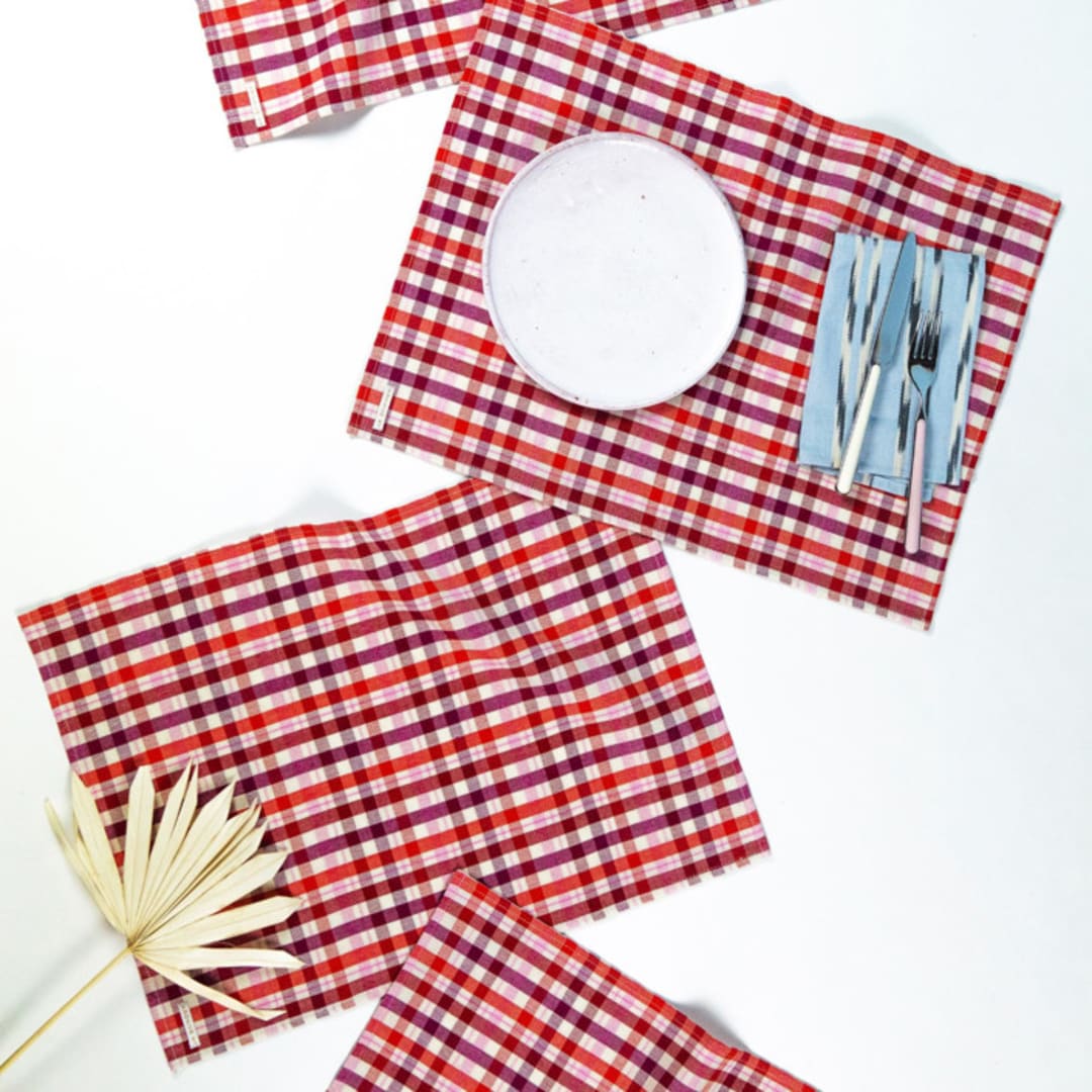 "Noel Plaid Handwoven Cotton Placemats, Set of 4" - Placemats in red by Archive New York