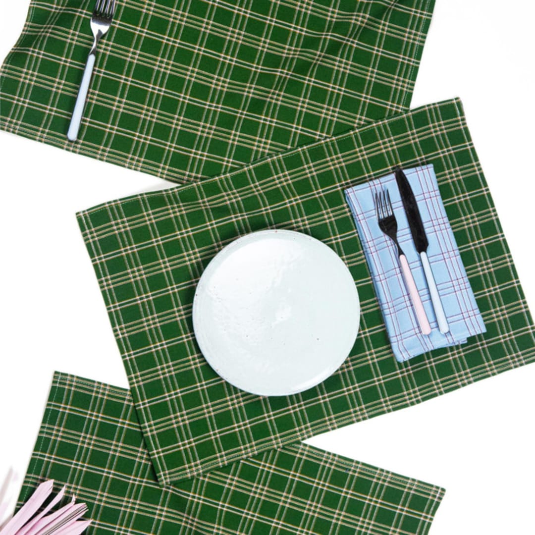 "Chiapas Green Plaid Handwoven Cotton Placemats, Set of 4" - Placemats in green by Archive New York