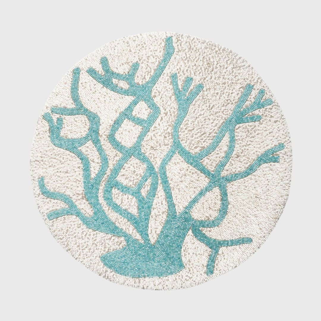 "Delicate coral hand beaded placemat, turquoise" - Placemats in blue by Joanna Buchanan