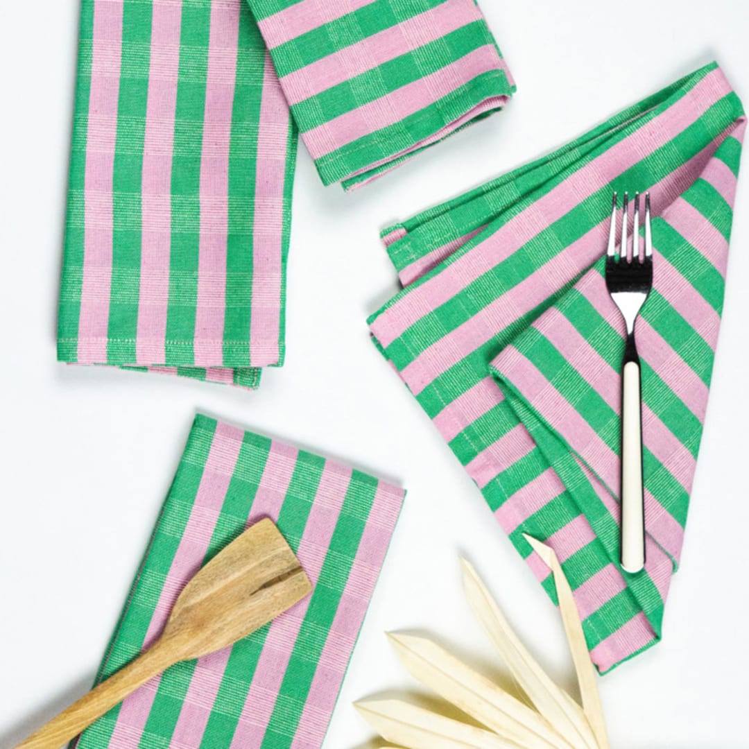 "Flora Striped Handwoven Cotton Napkins, Set of 4" - Napkins in pink by Archive New York