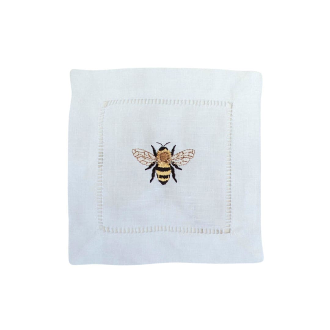 "Linen Cocktail Napkins Embroidered with Bespoke Bumble Bee Design - Set of 4" - Napkins in white by Virginia Marcello