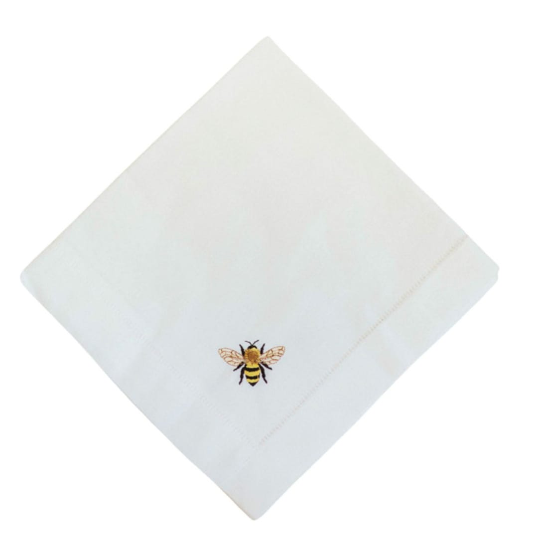 "Linen Dinner Napkins Embroidered with Bespoke Bumble Bee Design -Set of 4" - Napkins in white by Virginia Marcello