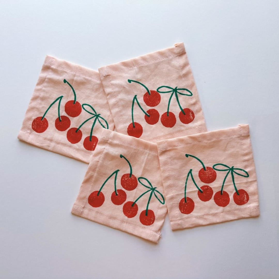 "Cherry Cocktail Napkin Set" - Napkins in pink by Julie Peach