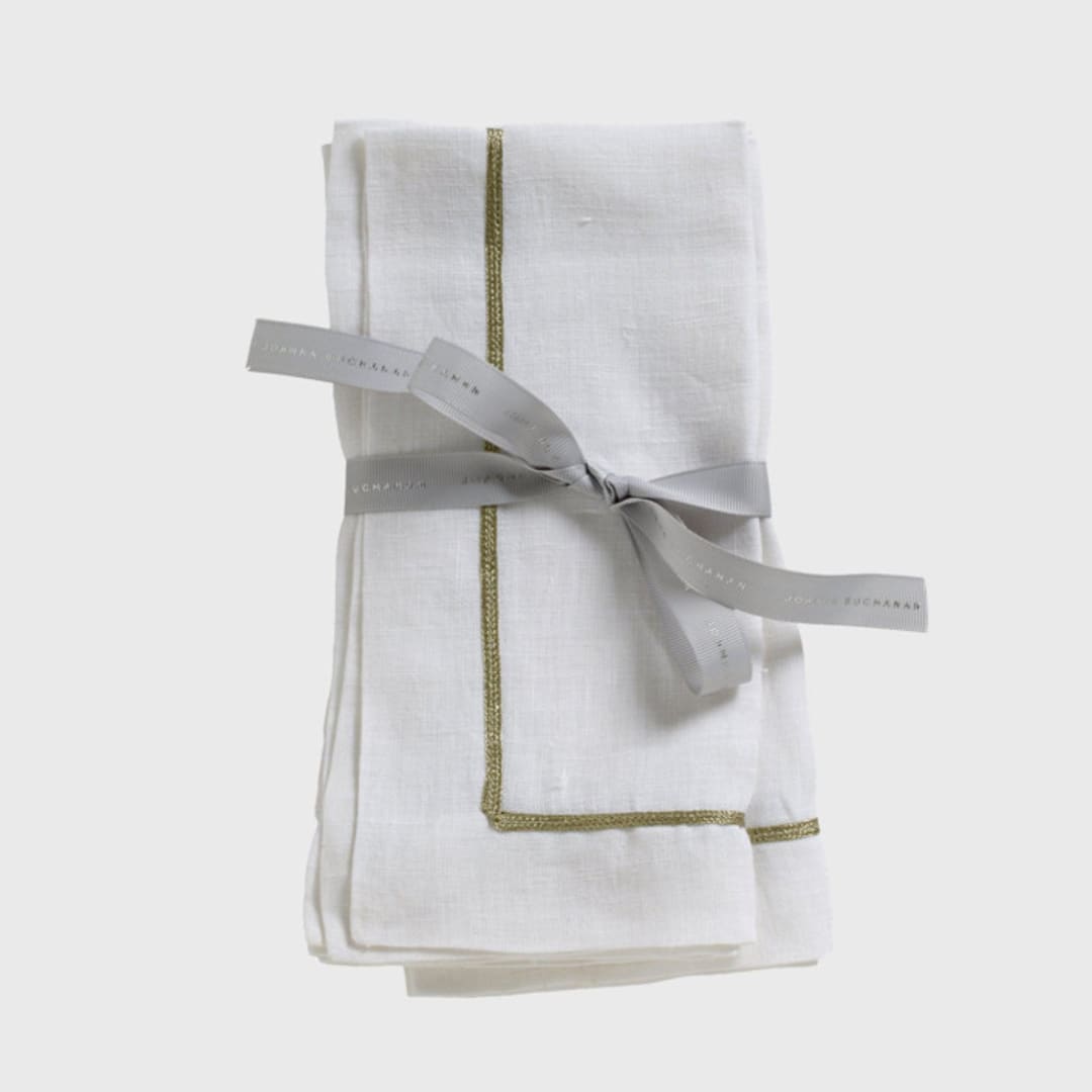 "Gold trim linen dinner napkins, white, set of two" - Napkins in white by Joanna Buchanan