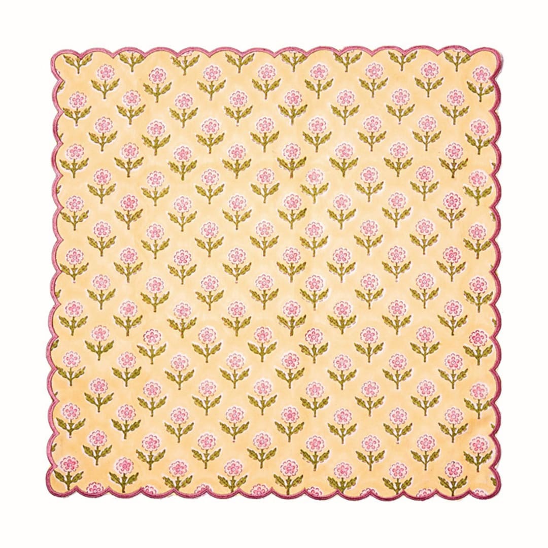 "Mona Scallop Embroidered Blockprint Napkins in Butter Yellow, Set of 4" - Napkins in yellow by Inner Child