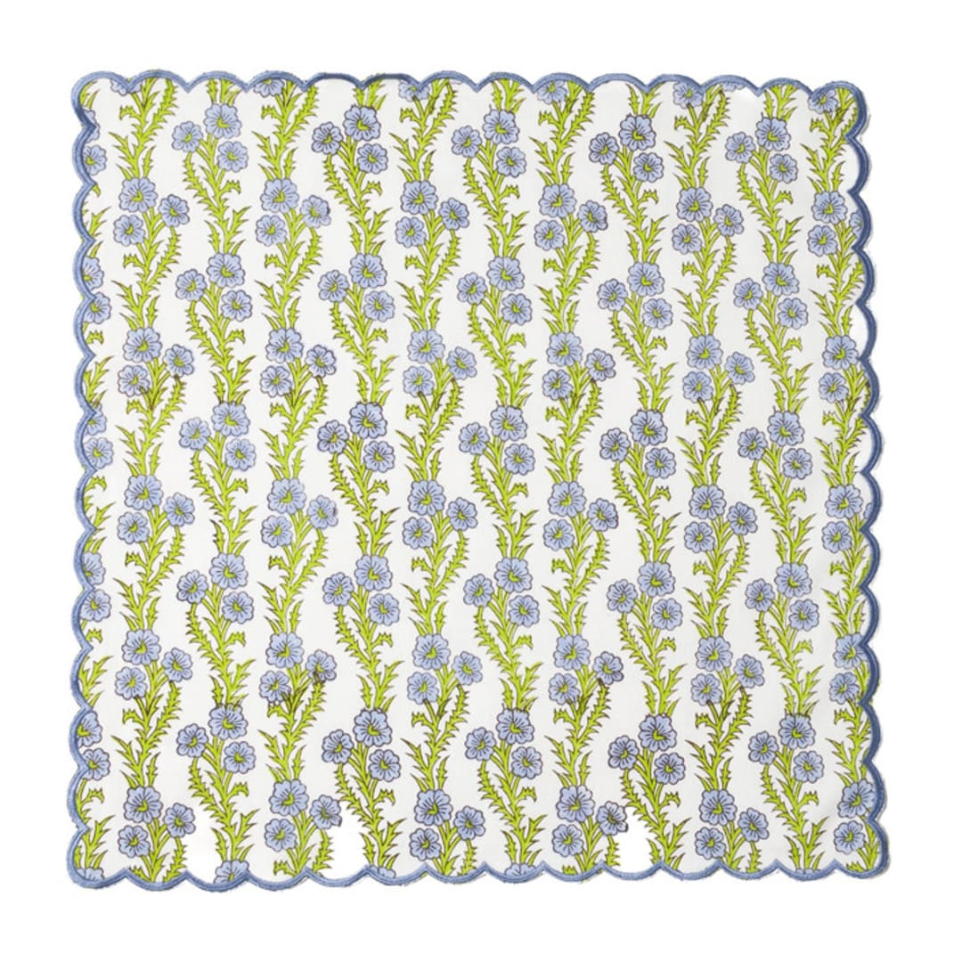 "Forget-Me-Not Scallop Embroidered Blockprint Napkins, Set of 4" - Napkins in blue by Inner Child