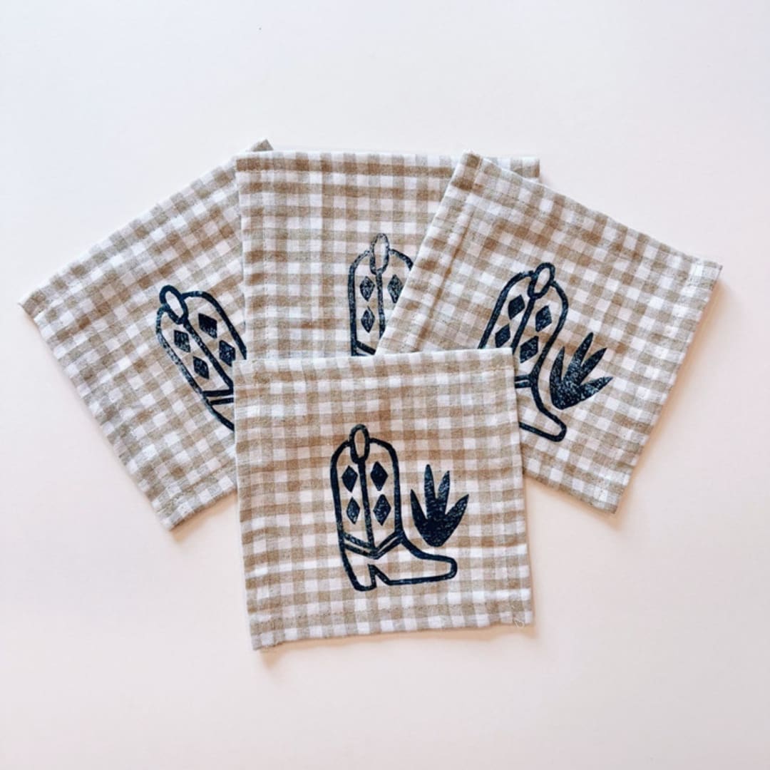 "Cowboy Boot on Gingham Cocktail Napkin Set" - Napkins in beige by Julie Peach