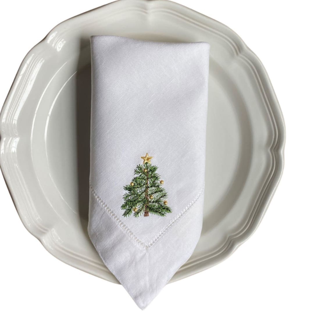 "Holiday Tree Embroidered Dinner Napkin- Set of 4" - Napkins in white by Virginia Marcello