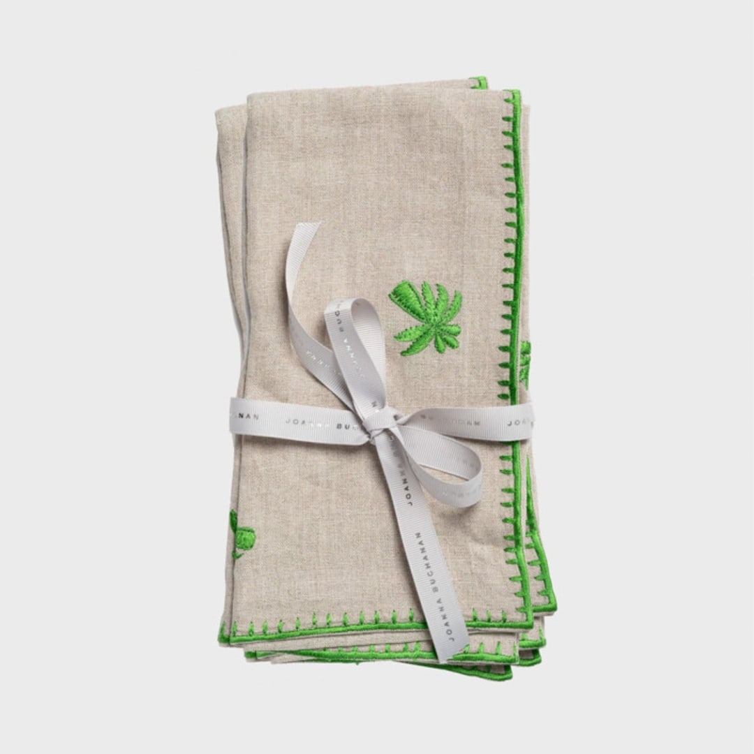 "Palm tree embroidered dinner napkins, flax, set of two" - Napkins in green by Joanna Buchanan