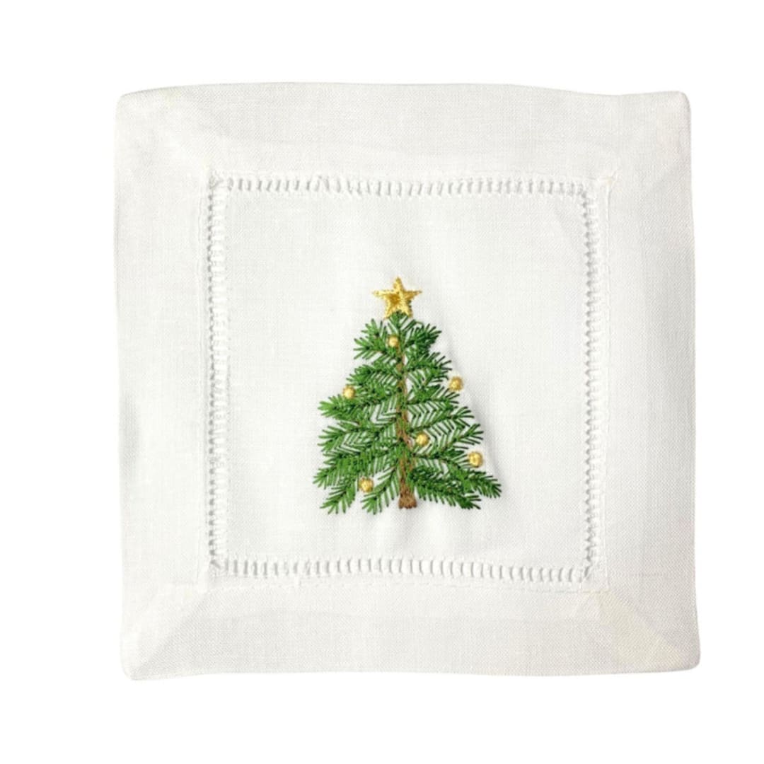 "Holiday Tree Embroidered Cocktail Napkins - Set of 4" - Napkins in white by Virginia Marcello