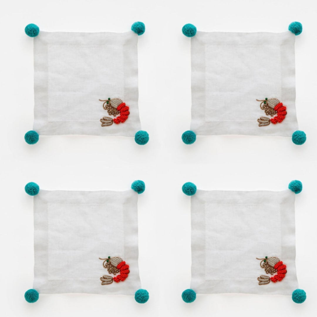 "Shrimp cocktail napkin set" - Napkins in white by Joanna Buchanan