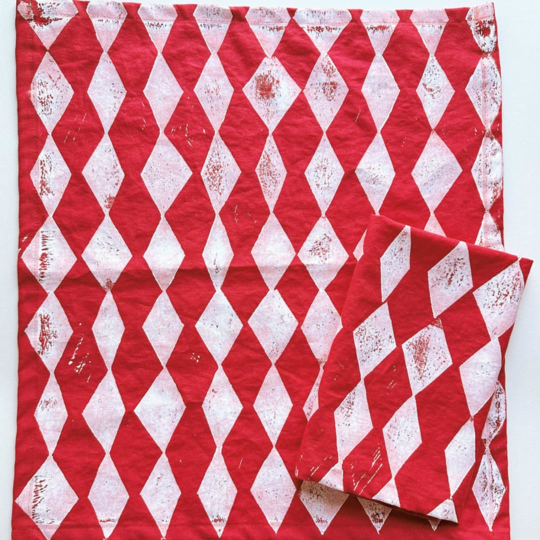 "Block Printed Diamond Dinner Napkins" - Napkins in red by Julie Peach
