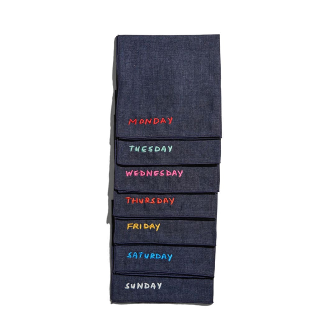 "Lunch Box Embroidered Denim Napkins (Set of 7)" - Napkins in blue by ATELIER SAUCIER