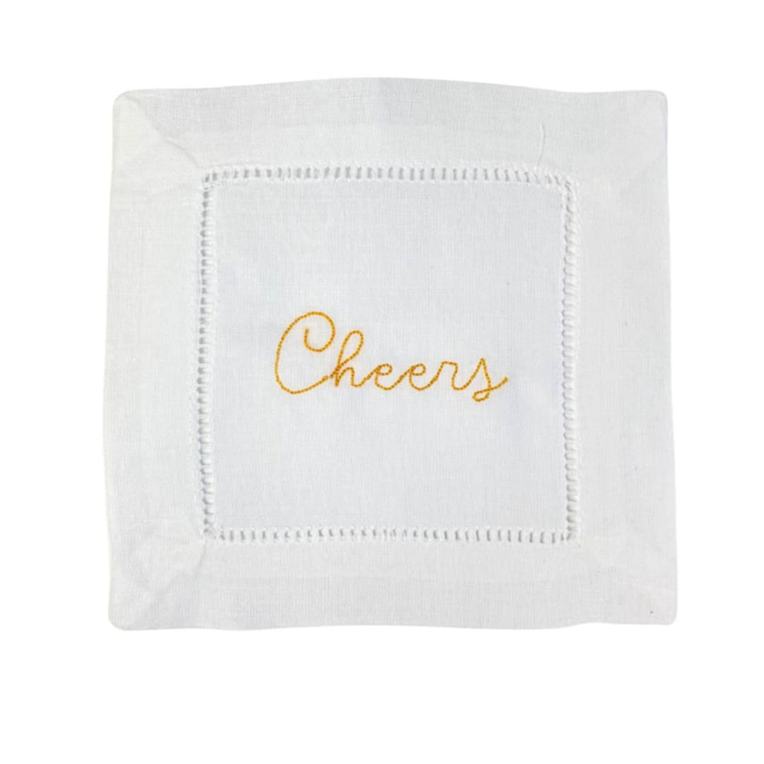 "Cheers Embroidered Cocktail Napkins - Set of 4" - Napkins in white by Virginia Marcello