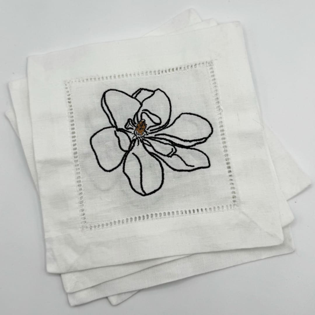 "Embroidered Linen Magnolia Cocktail Napkins, Set of 4" - Napkins in white by Ashley Myers