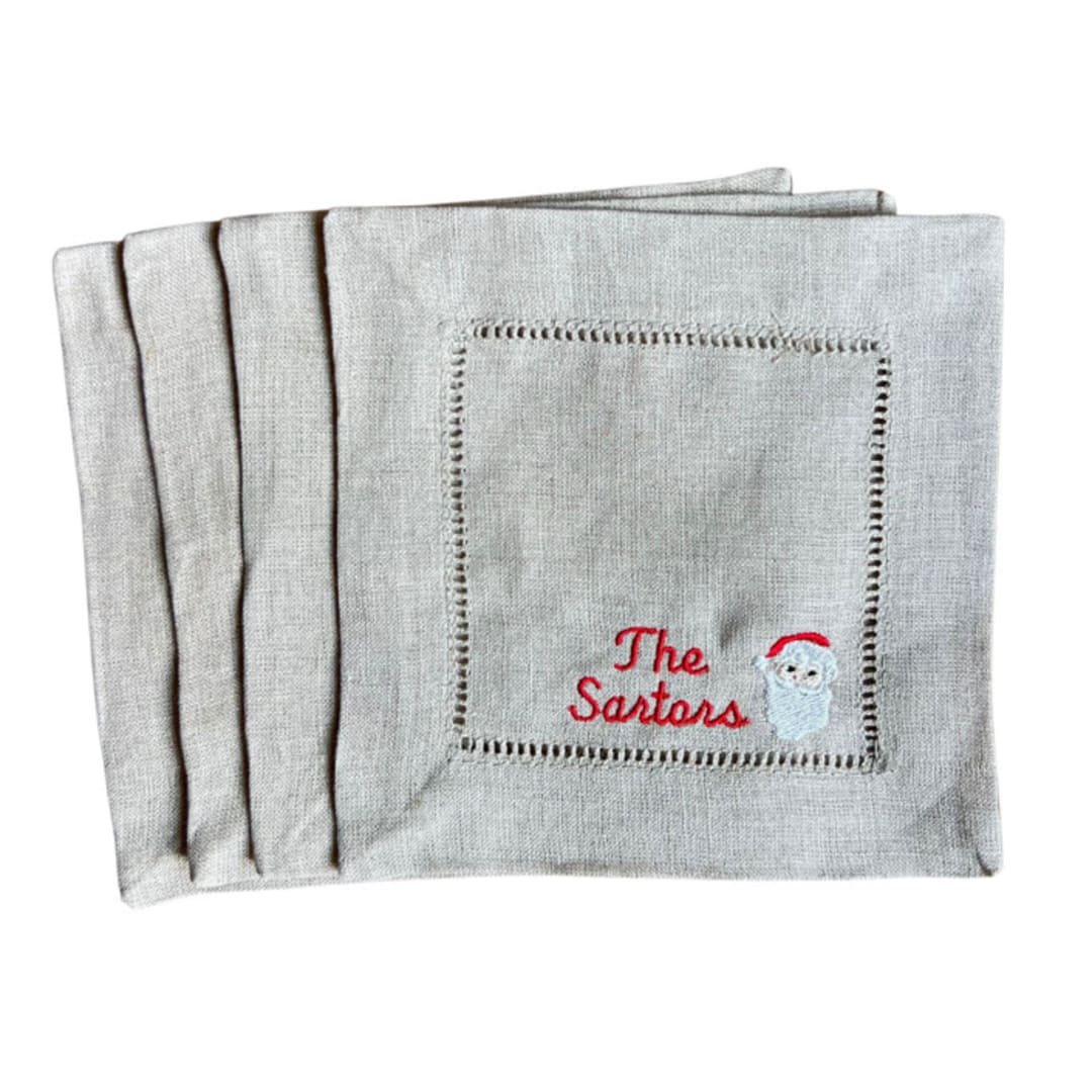 "Custom Embroidered Vintage Santa Cocktail Napkins Set of 4" - Napkins in beige by Virginia Marcello